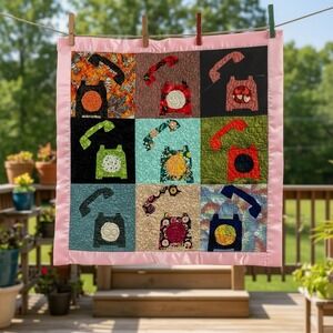 Vintage Telephone Quilt 30x30 Pink Border Retro Pop Art Wall Hanging